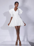 Aurohaya Ginette Ruffle Sleeve V-Neck Fit Mini Dress White