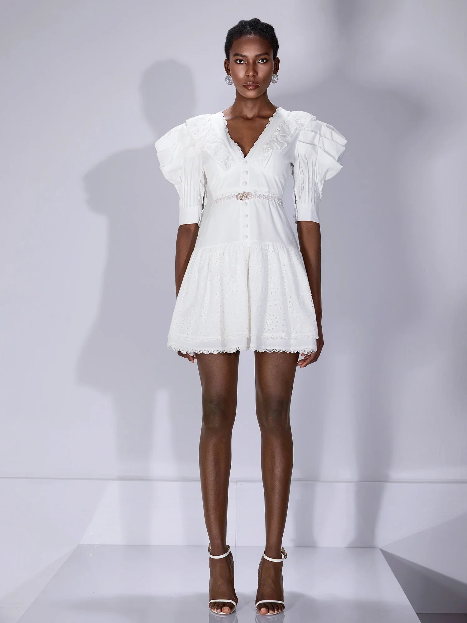 Aurohaya Ginette Ruffle Sleeve V-Neck Fit Mini Dress