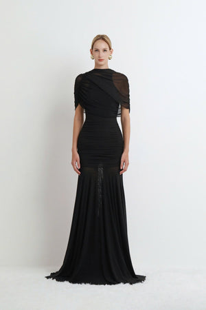 Aurohaya Mado One Shoulder Ruched Maxi Dress Black