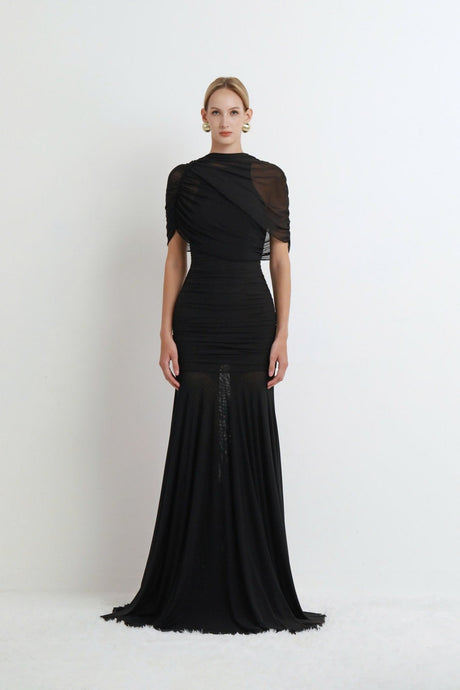 Aurohaya Mado One Shoulder Ruched Maxi Dress Black