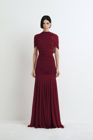 Aurohaya Mado One Shoulder Ruched Maxi Dress Red