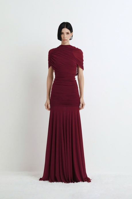 Aurohaya Mado One Shoulder Ruched Maxi Dress Red