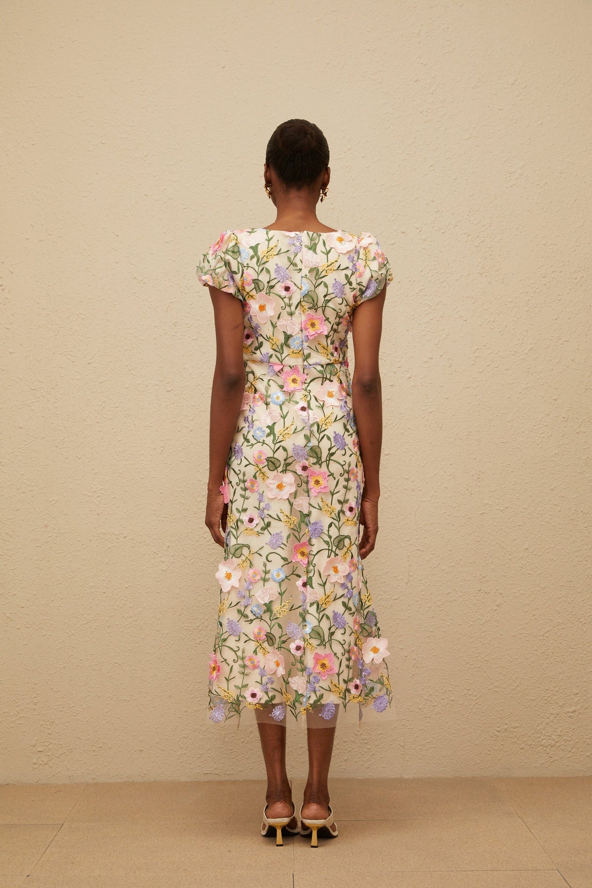 Aurohaya Enjouée Neutral Floral Embroidered Midi Dress