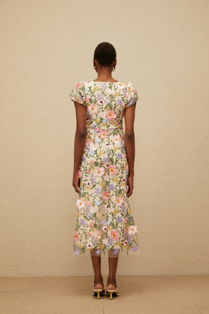 Aurohaya Enjouée Neutral Floral Embroidered Midi Dress