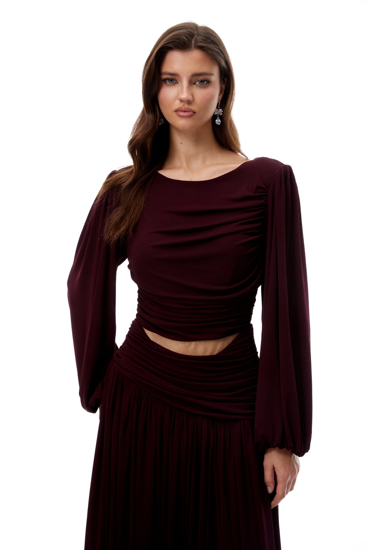 Aurohaya Fiorella Burgundy Cut Out Gathered Midi Dress