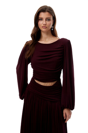 Aurohaya Fiorella Burgundy Cut Out Gathered Midi Dress