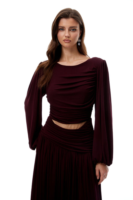 Aurohaya Fiorella Burgundy Cut Out Gathered Midi Dress