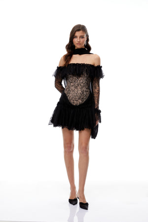 Aurohaya Erling Black Sequined Floral Lace Mini Dress
