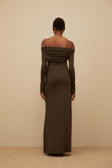 Aurohaya Sensuelle Green One-Shoulder Ruched Maxi Dress