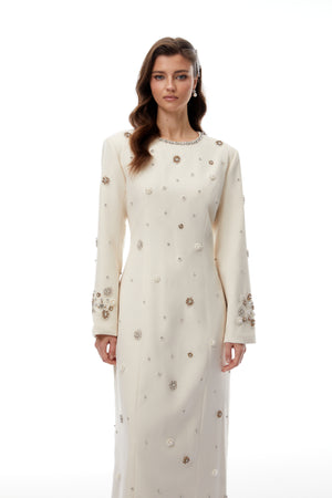 Aurohaya Peyton Cream White Fully Embellished Maxi Dress