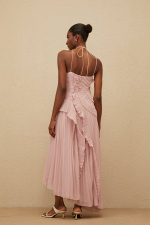 Aurohaya Doux Pink Ruffled Trim Pleated Midi Dress