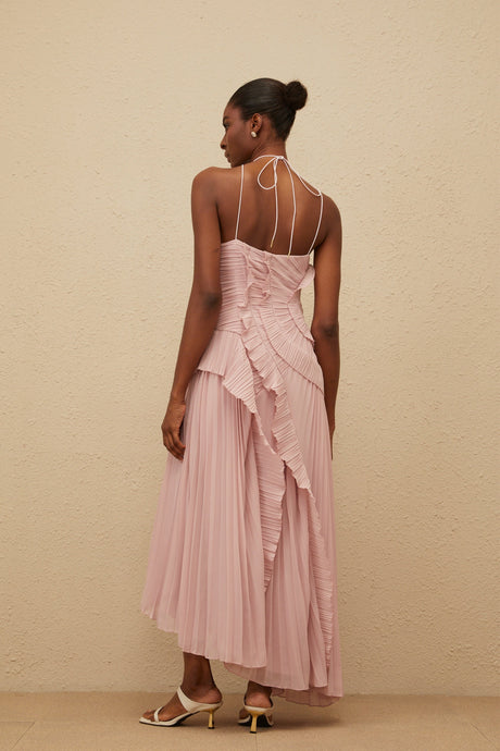 Aurohaya Doux Pink Ruffled Trim Pleated Midi Dress