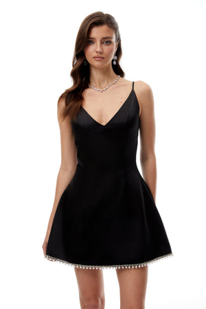 Aurohaya Wallis Black V-Neck Embellished Hem Mini Dress