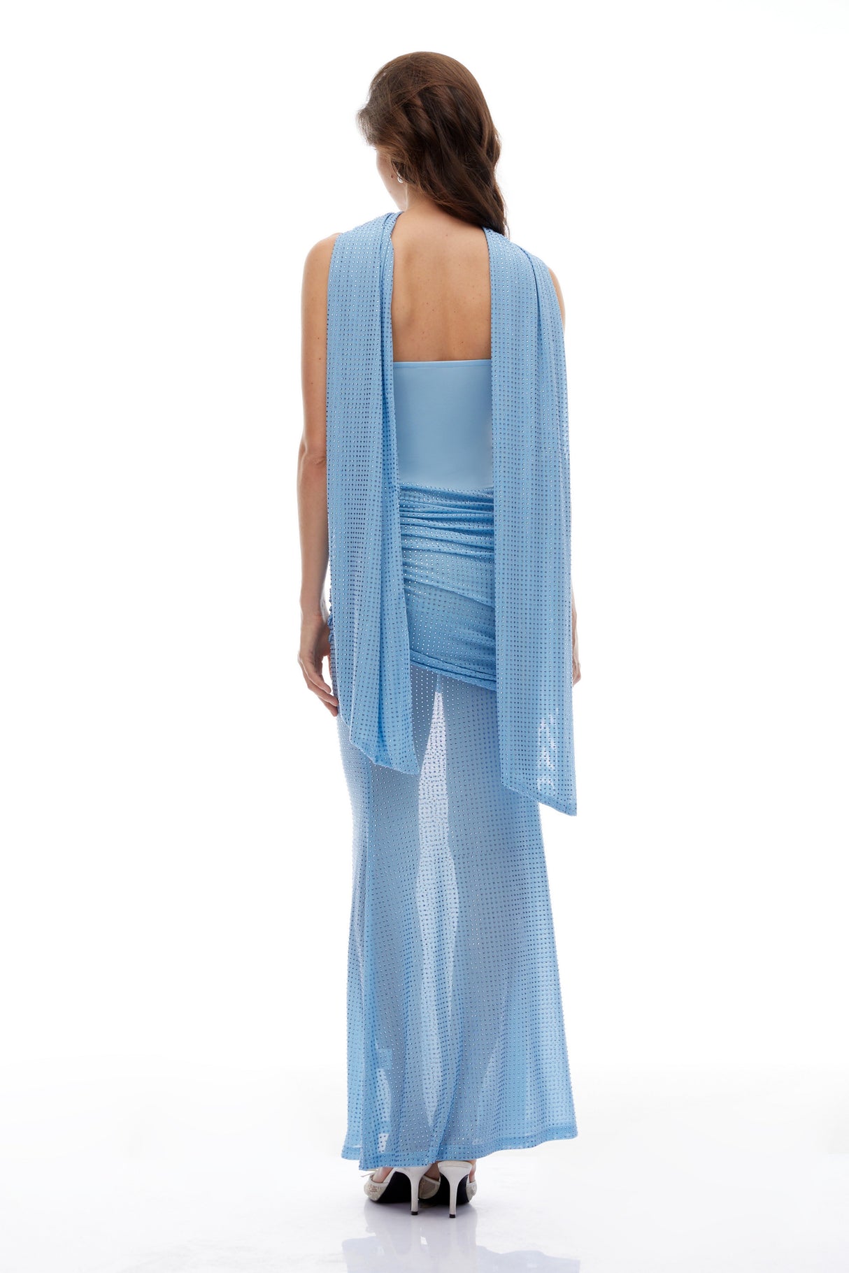Aurohaya Aletta Blue Rhinestone Embellished Ruched Maxi Dress