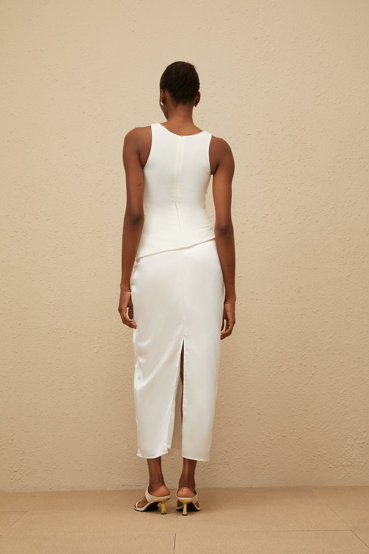Aurohaya Paloma White Ruched Panel Midi Dress