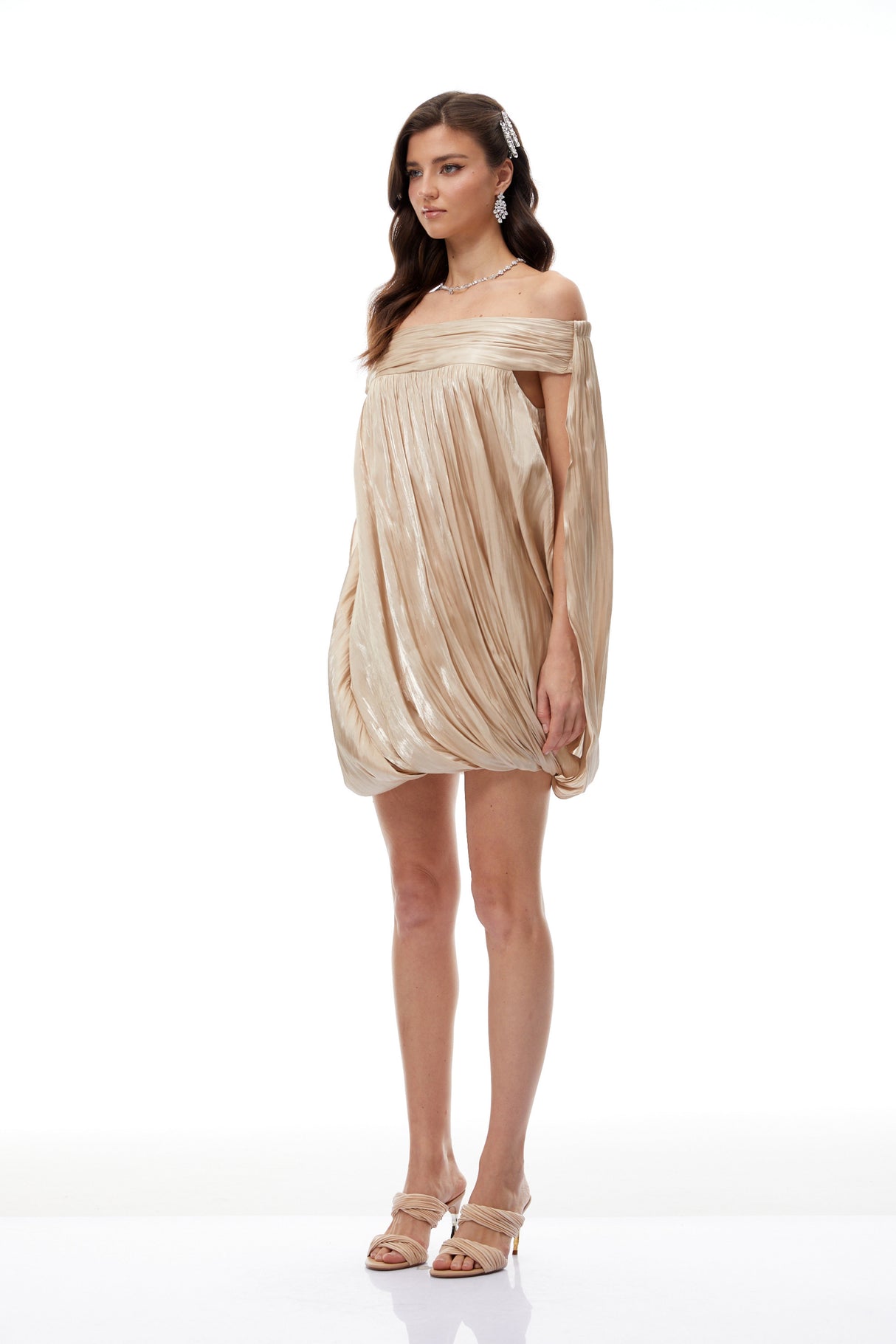 Aurohaya Anastasia Neutral Draped Glossy Mini Dress