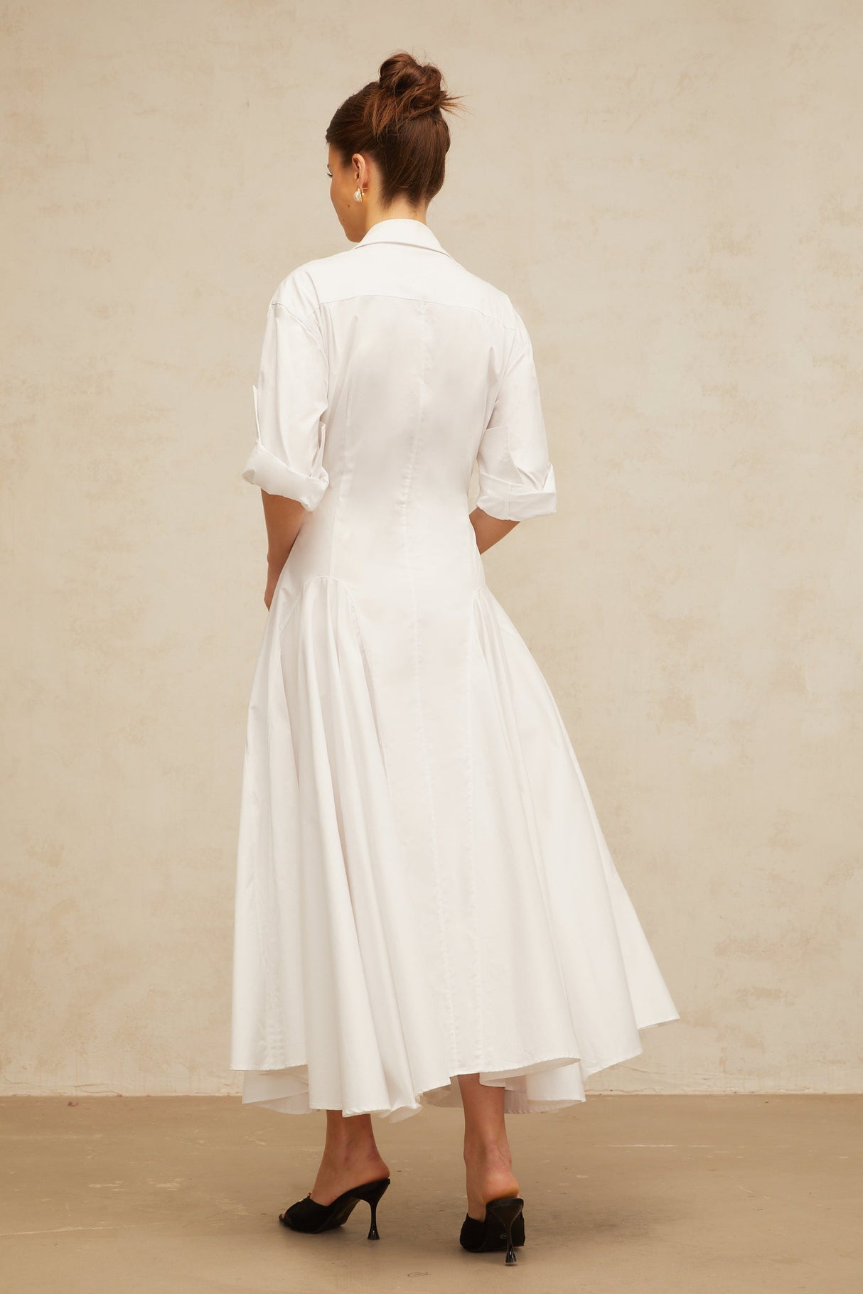 Aurohaya Dulcie white front-slit shirred shirt dress