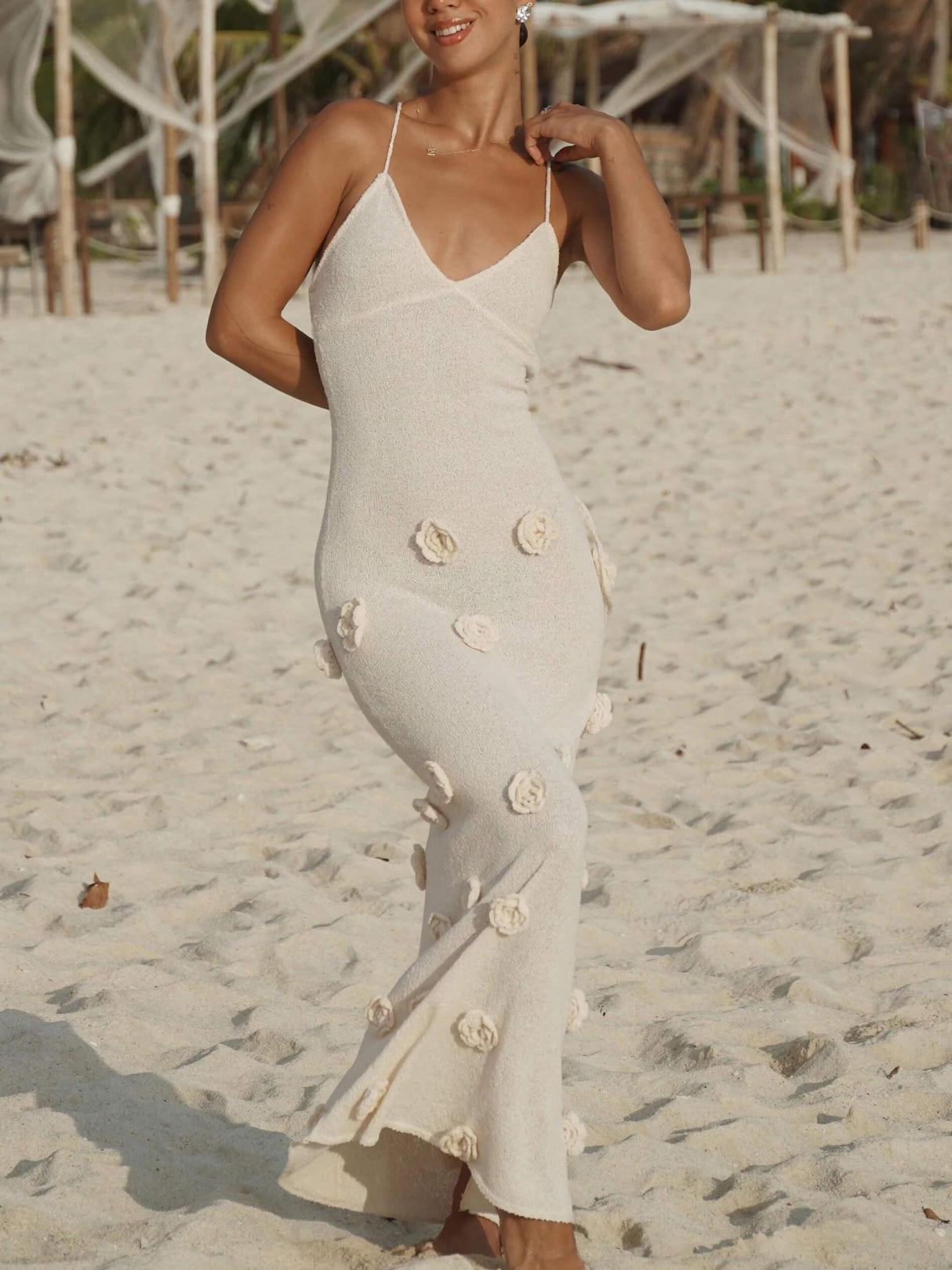 Aurohaya Knitted Floral Midi Dress Apricot