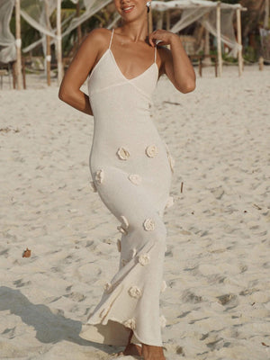 Aurohaya Knitted Floral Midi Dress Apricot