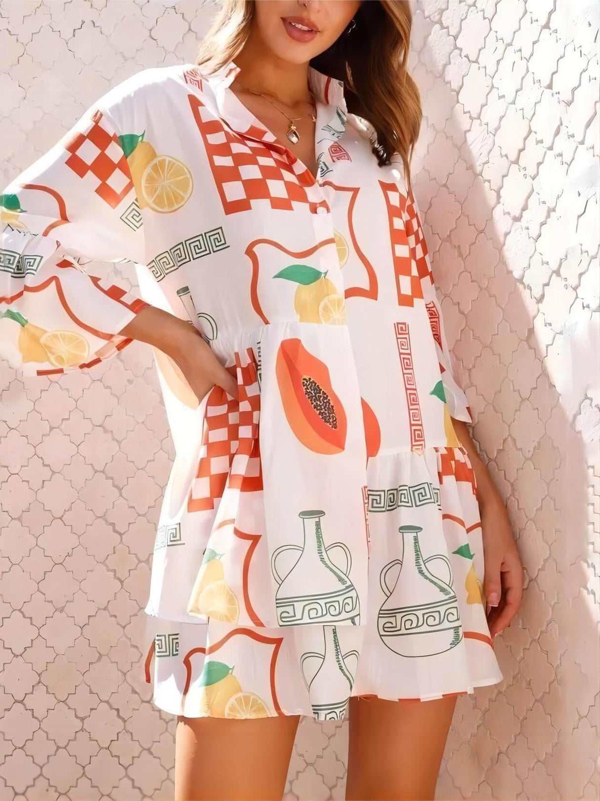 Aurohaya Ethnic Style Loose Shirt Short Dress Orange