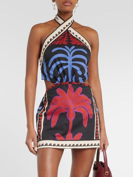Aurohaya Unique Summer Print Halter Neck Mini Dress Multi-Color