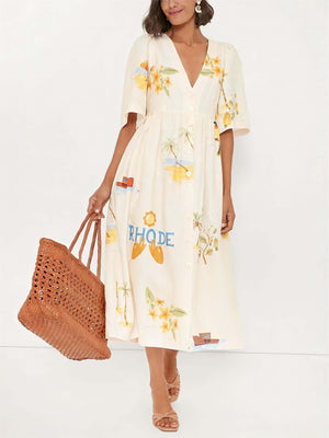 Aurohaya Unique Holiday Folk Floral Print Puff Sleeve Midi Dress Multi-Color