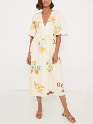 Aurohaya Unique Holiday Folk Floral Print Puff Sleeve Midi Dress