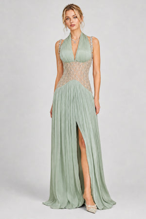 Aquarelle Rhinestone Panel Maxi Dress / Green