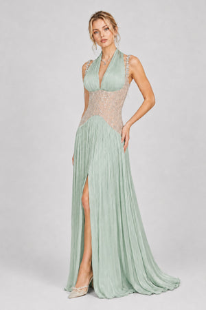 Aquarelle Rhinestone Panel Maxi Dress / Green