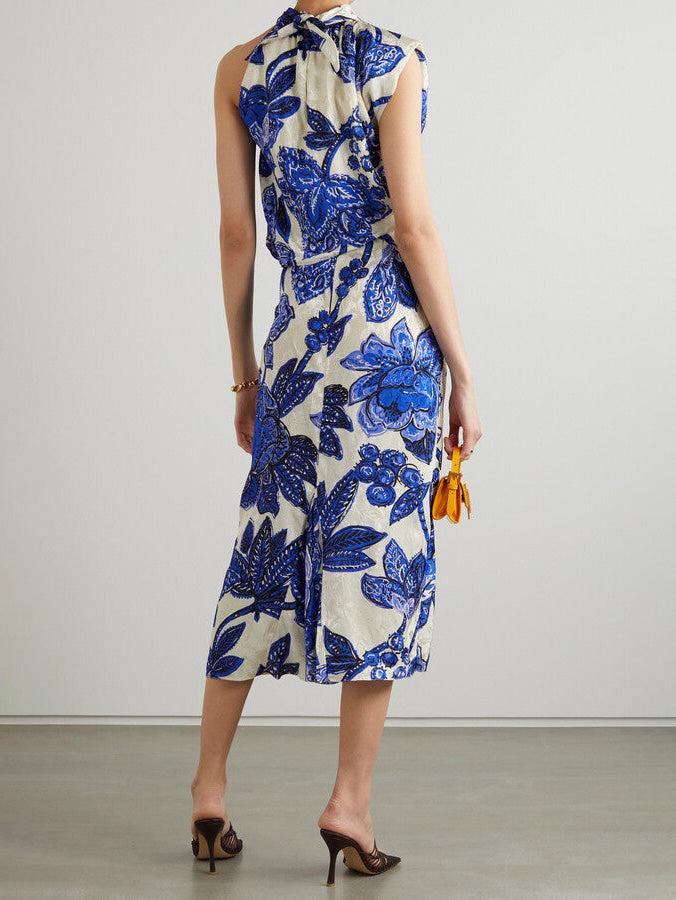 Aurohaya Elegant Cutout Drape Floral Print Midi Dress