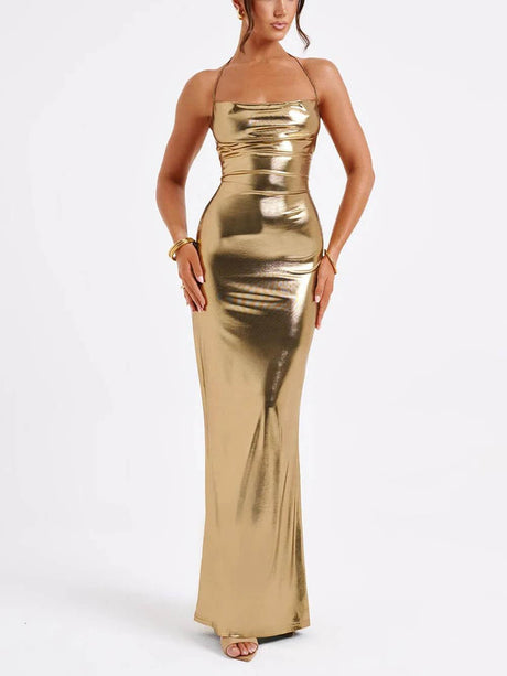 Aurohaya Spring Swing Collar Glossy Metallic Backless Maxi Dress Gold