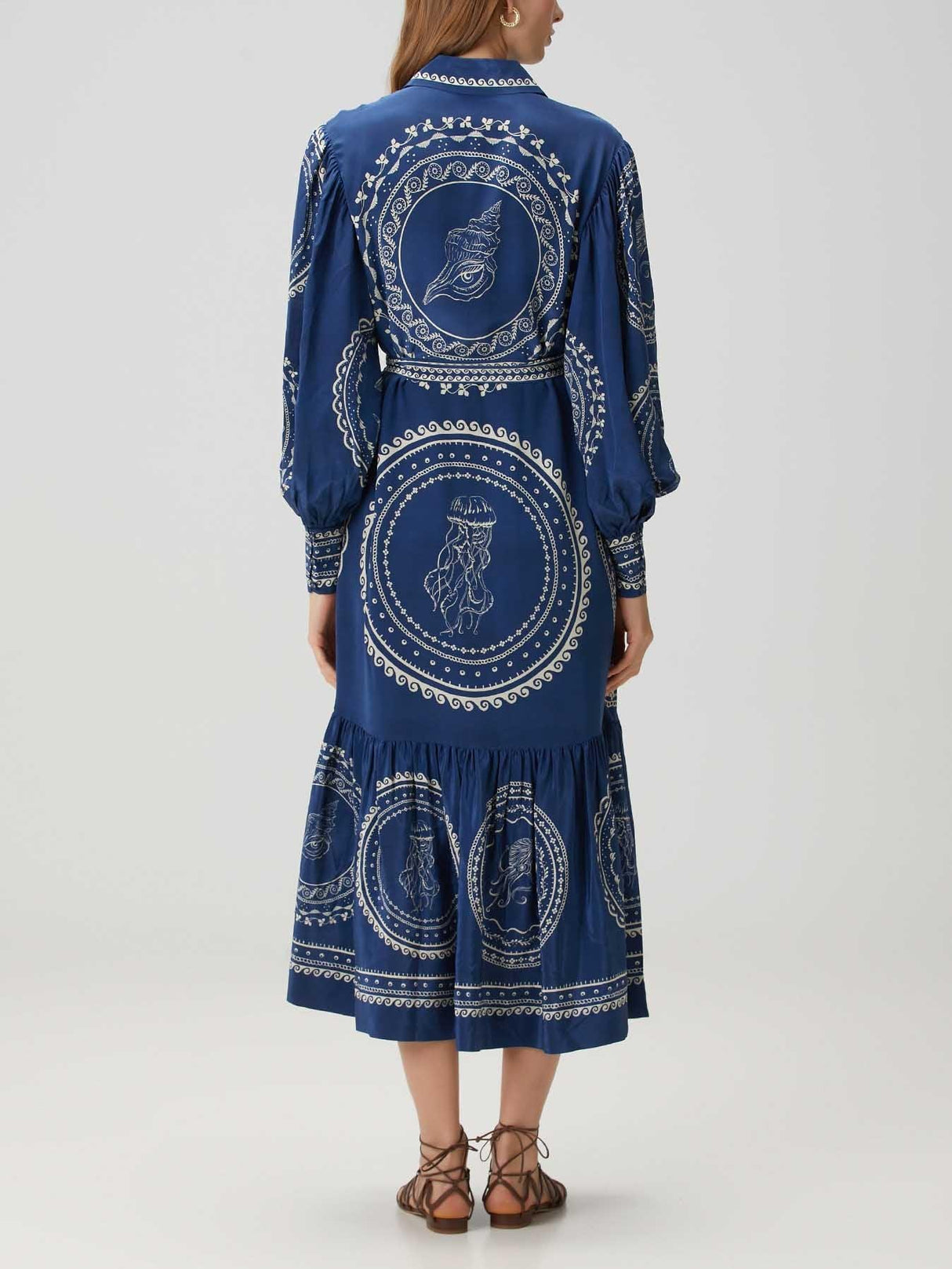 Aurohaya Exquisite Blue Ocean Print Lace-Up Single-Breasted Midi Dress