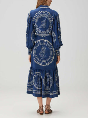 Aurohaya Exquisite Blue Ocean Print Lace-Up Single-Breasted Midi Dress