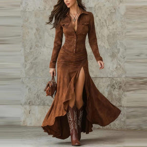 Aurohaya The Savannah Ruched Split Maxi Dress Coffee