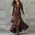 Aurohaya The Savannah Ruched Split Maxi Dress Brown