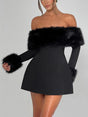 Aurohaya Playful Faux Fur Neckline A-Line Mini Dress Black