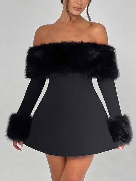 Aurohaya Playful Faux Fur Neckline A-Line Mini Dress
