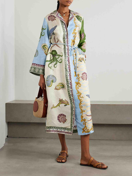 Aurohaya Unique Deep Sea Floral Print Single Breasted Midi Shirt Dress Blue