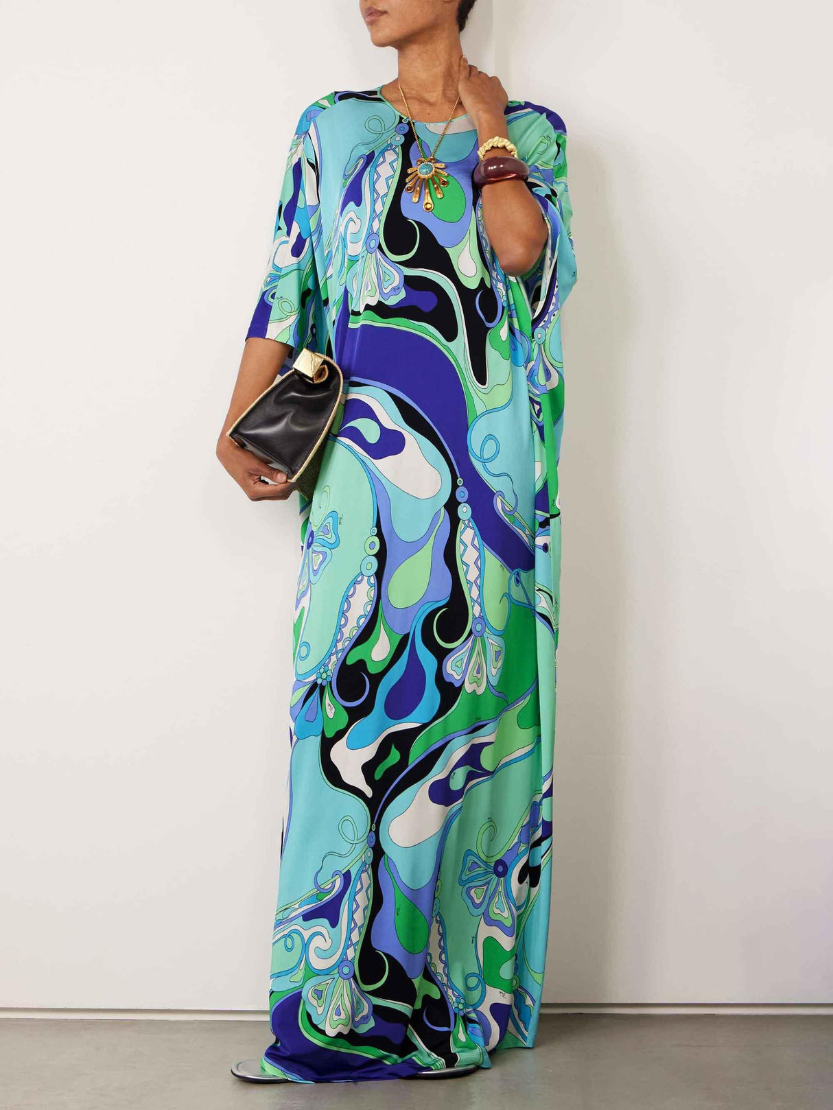 Aurohaya Unique Abstract Floral Print Robe Maxi Dress Green