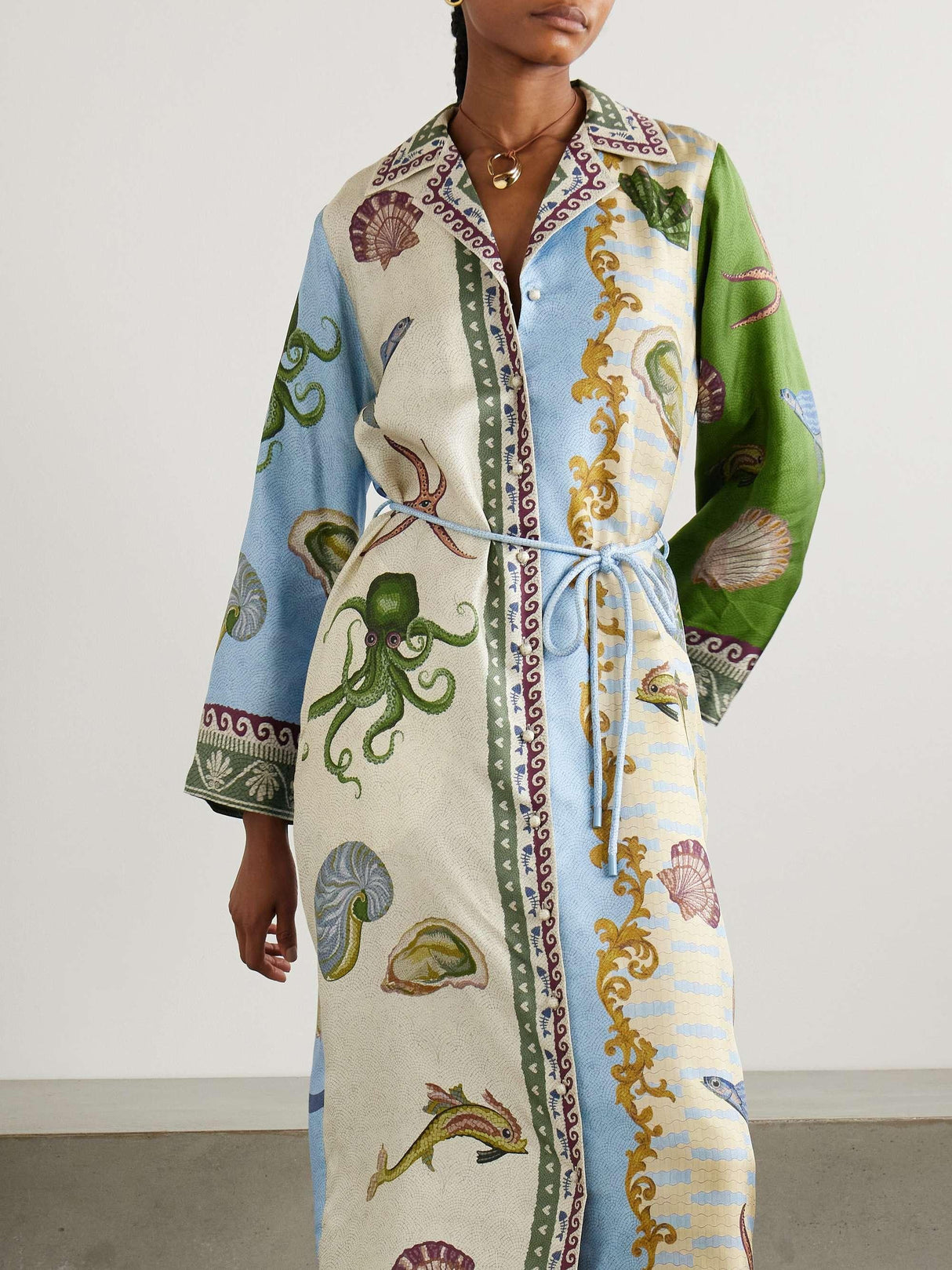 Aurohaya Unique Deep Sea Floral Print Single Breasted Midi Shirt Dress