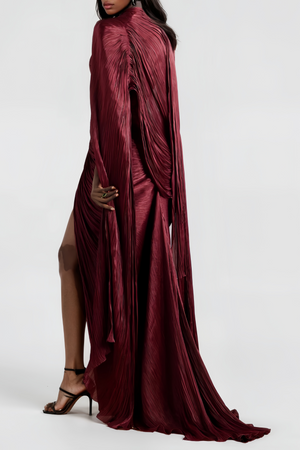 Aurohaya Shifra Burgundy Asymmetrical Cape Maxi Dress
