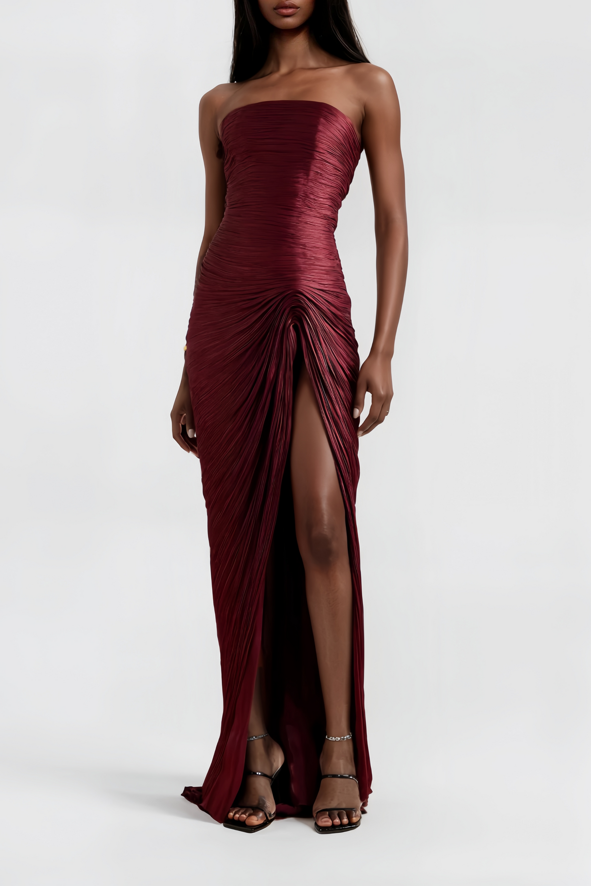 Aurohaya Shifra Burgundy Asymmetrical Cape Maxi Dress