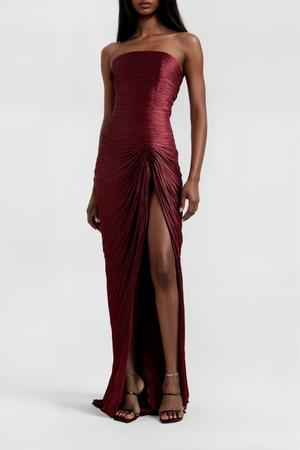 Aurohaya Shifra Burgundy Asymmetrical Cape Maxi Dress