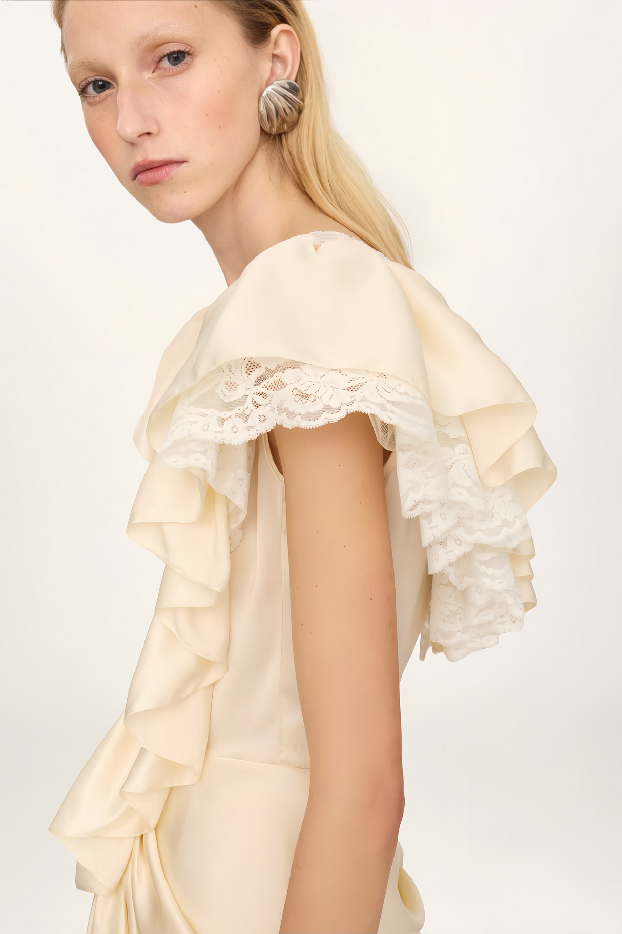 Aurohaya Nani Cream Plunge Neck Satin Jumpsuit with Lace Panels
