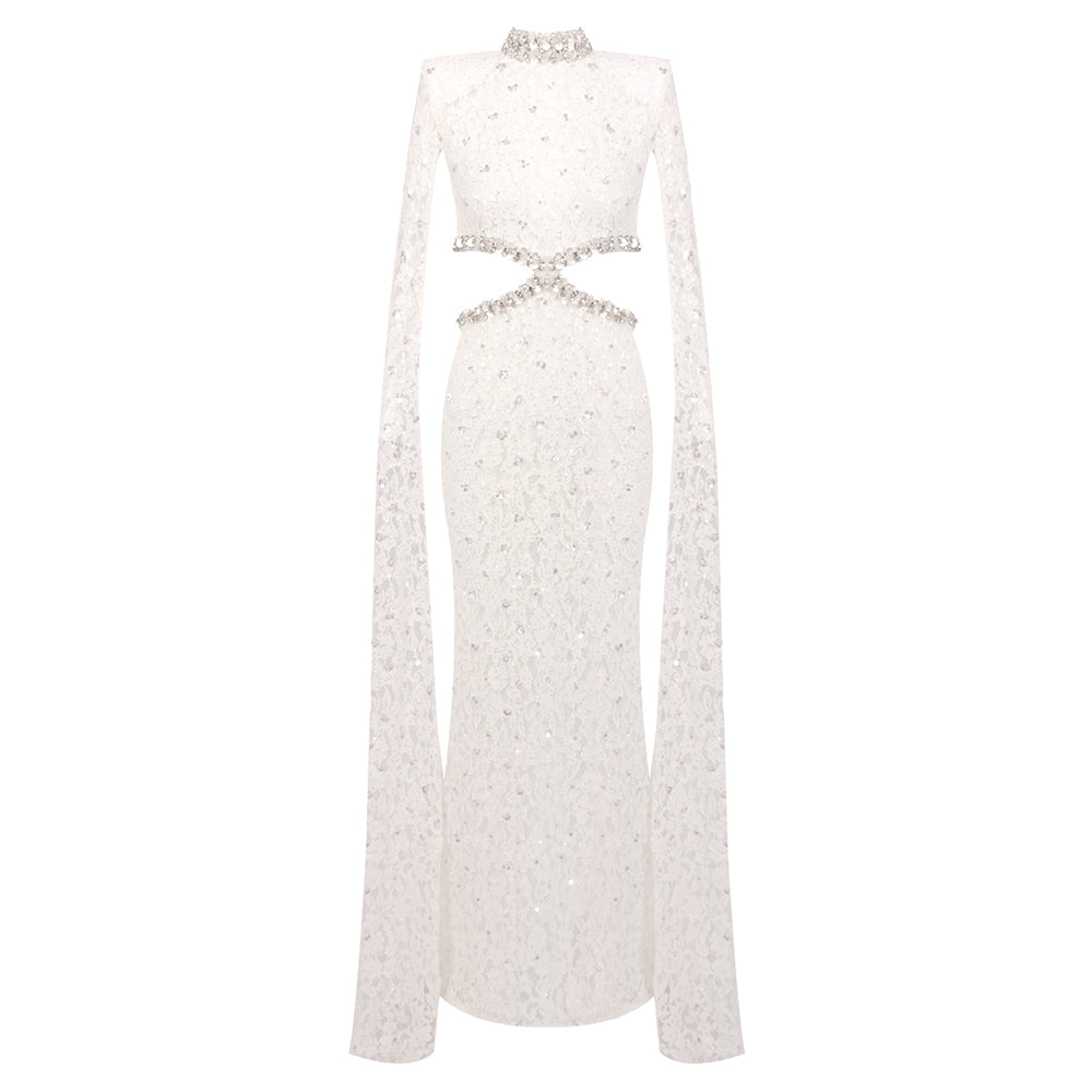 Aurohaya Héloïse Lace Evening Maxi Dress Beige